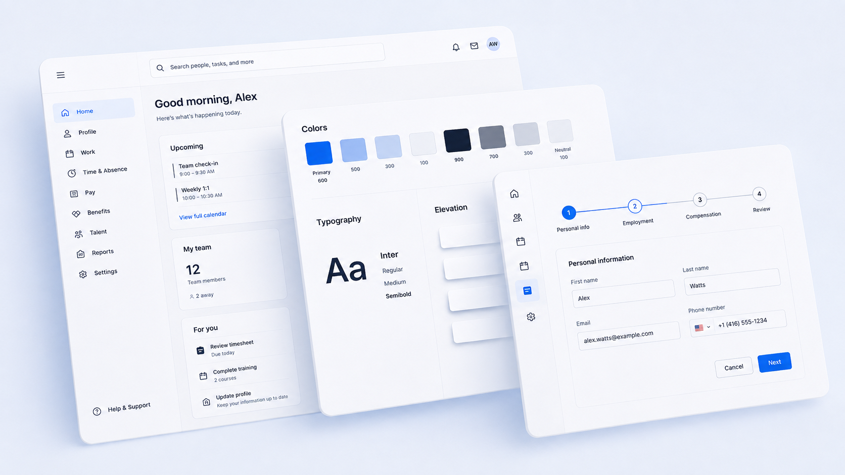 Enterprise design system shown across an employee dashboard, design foundations, and an onboarding workflow